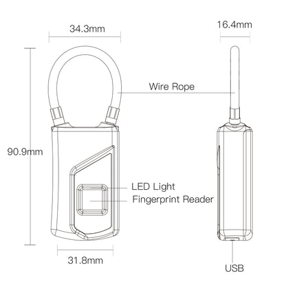 Anytek USB Charging Waterproof Anti-theft Non-password Electrically Intelligent Fingerprint Padlock Size:3.2cm × 3.5cm × 9cm - Padlocks by Anytek | Online Shopping UK | buy2fix