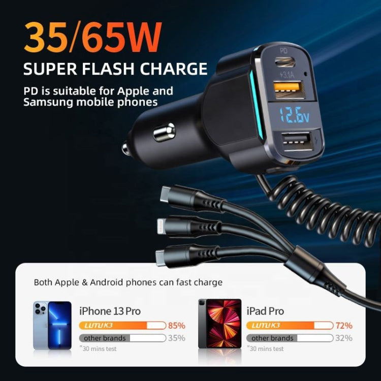 K4 Car 3 in 1 PD + USB Dual Port Fast Charger with Spring Data Cable - Car Charger by buy2fix | Online Shopping UK | buy2fix