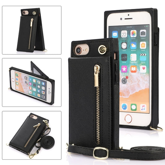 For iPhone SE 2022 / SE 2020 / 8 / 7 Cross-body Zipper Square TPU+PU Back Cover Case with Holder & Card Slots & Wallet & Strap(Black) - iPhone SE 2022 / 2020 / 8 / 7 Cases by buy2fix | Online Shopping UK | buy2fix