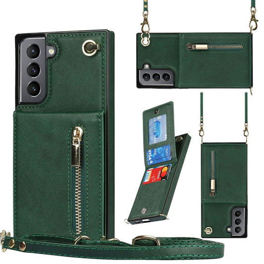For Samsung Galaxy S21 5G Cross-body Zipper Square TPU+PU Back Cover Case with Holder & Card Slots & Wallet & Strap(Green) - Galaxy S21 5G Cases by buy2fix | Online Shopping UK | buy2fix