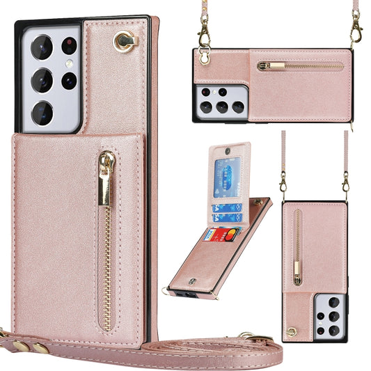 For Samsung Galaxy S21 Ultra 5G Cross-body Zipper Square TPU+PU Back Cover Case with Holder & Card Slots & Wallet & Strap(Rose Gold) - Galaxy S21 Ultra 5G Cases by buy2fix | Online Shopping UK | buy2fix