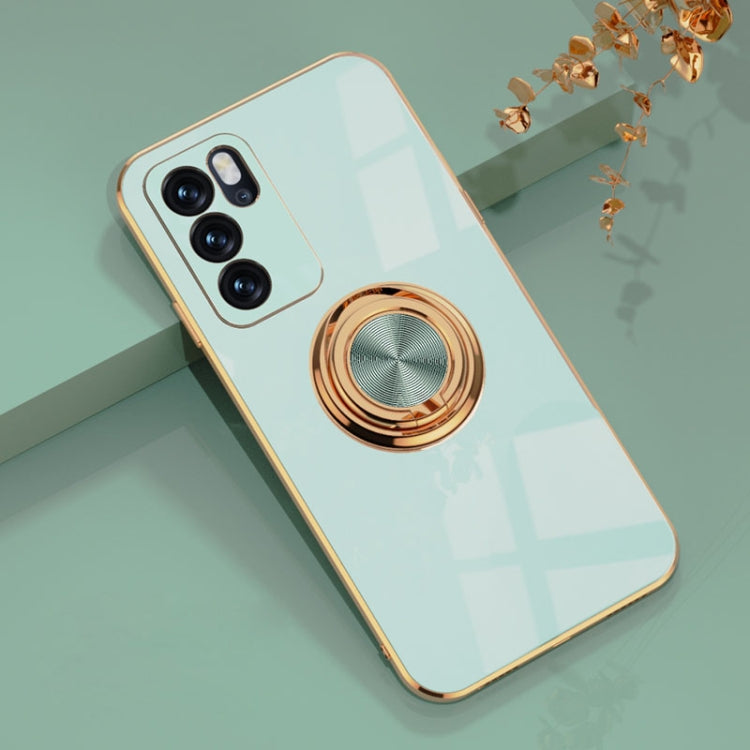 For OPPO Reno6 6D Electroplating Full Coverage Silicone Protective Case with Magnetic Ring Holder(Light Cyan) - OPPO Cases by buy2fix | Online Shopping UK | buy2fix