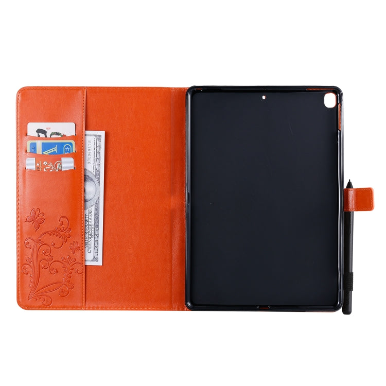 For iPad 10.2 / Pro 10.5 / Air  2019 Pressed Printing Butterfly Pattern Horizontal Flip PU Leather Case with Holder & Card Slots & Wallet & Pen Slot(Orange) - iPad Air (2019) Cases by buy2fix | Online Shopping UK | buy2fix