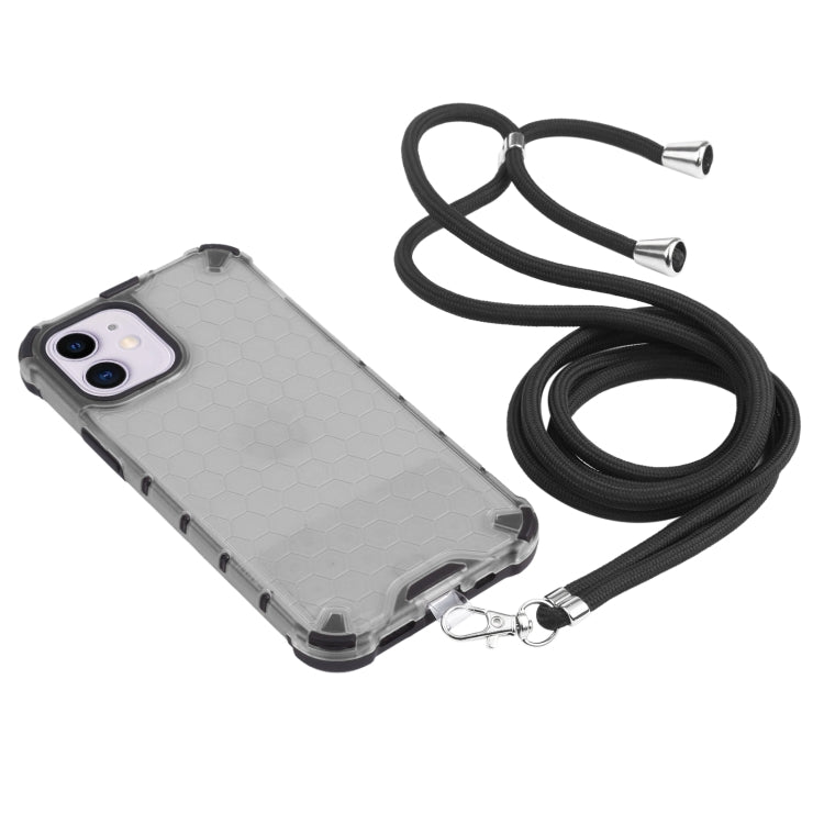 For iPhone 11 Shockproof Honeycomb PC + TPU Case with Neck Lanyard (Grey) - iPhone 11 Cases by buy2fix | Online Shopping UK | buy2fix