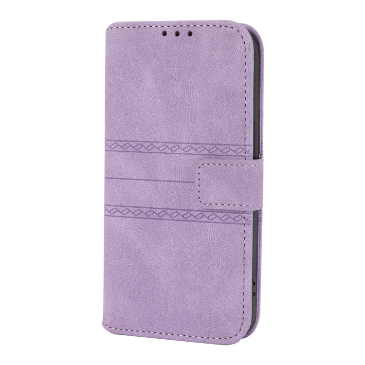 For iPhone 13 Pro Embossed Striped Magnetic Buckle PU + TPU Horizontal Flip Leather Case with Holder & Card Slot & Wallet & Photo Frame & Sling (Purple) - iPhone 13 Pro Cases by buy2fix | Online Shopping UK | buy2fix