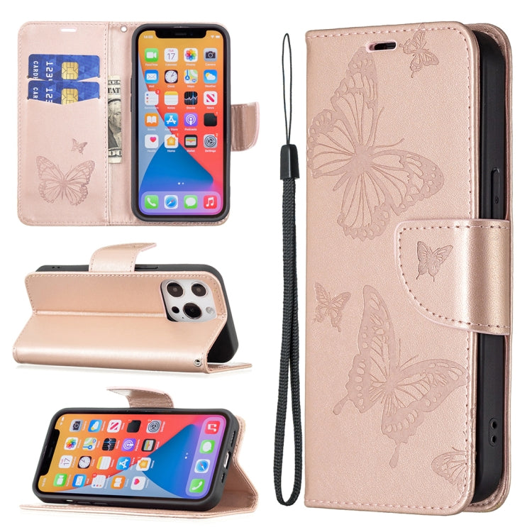 For iPhone 13 mini Embossing Two Butterflies Pattern Horizontal Flip PU Leather Case with Holder & Card Slot & Wallet & Lanyard (Rose Gold) - iPhone 13 mini Cases by buy2fix | Online Shopping UK | buy2fix