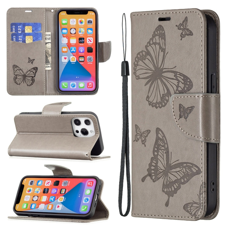 For iPhone 13 Pro Embossing Two Butterflies Pattern Horizontal Flip PU Leather Case with Holder & Card Slot & Wallet & Lanyard (Grey) - iPhone 13 Pro Cases by buy2fix | Online Shopping UK | buy2fix