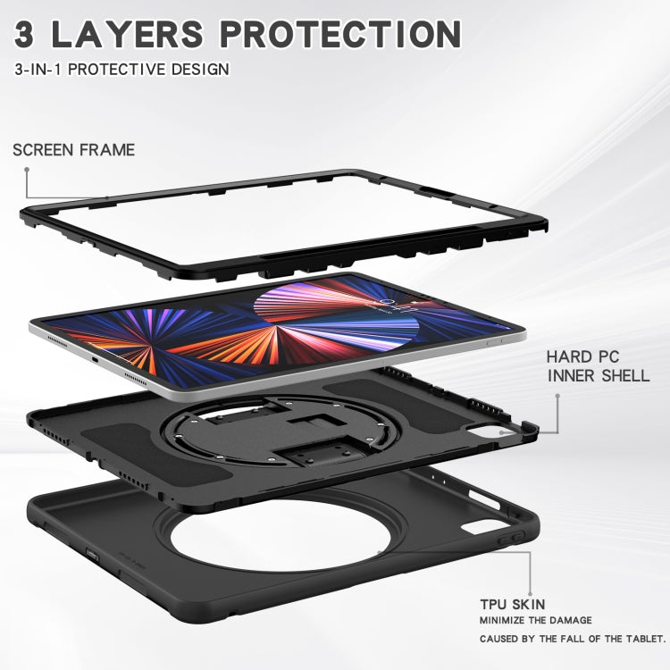 For iPad Pro 12.9 2022 / 2021 360 Degree Rotation PC + TPU Protective Tablet Case with Holder & Hand-strap(Black) - iPad Pro 12.9 (2022/2021) Cases by buy2fix | Online Shopping UK | buy2fix