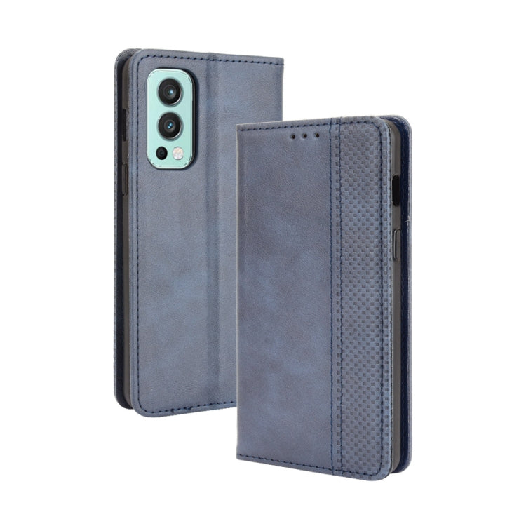 For OnePlus Nord 2 5G Magnetic Buckle Retro Crazy Horse Texture Horizontal Flip Leather Case with Holder & Card Slots & Photo Frame(Blue) - OnePlus Cases by buy2fix | Online Shopping UK | buy2fix