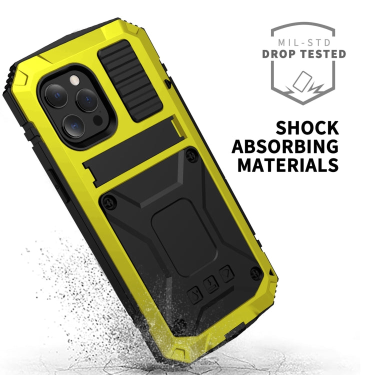 For iPhone 13 R-JUST Shockproof Waterproof Dust-proof Metal + Silicone Protective Case with Holder(Yellow) - iPhone 13 Cases by R-JUST | Online Shopping UK | buy2fix