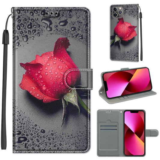 For iPhone 13 Voltage Colored Drawing Magnetic Clasp Horizontal Flip PU Leather Case with Holder & Card Slots(C14 Black Water Drop Rose) - iPhone 13 Cases by buy2fix | Online Shopping UK | buy2fix