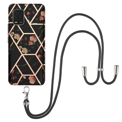 For Xiaomi Mi 10 Lite 5G Electroplating Splicing Marble Flower Pattern TPU Shockproof Case with Lanyard(Black Flower) - Xiaomi Cases by buy2fix | Online Shopping UK | buy2fix