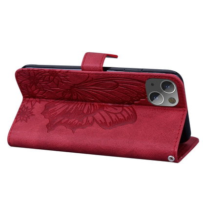 For iPhone 13 Retro Skin Feel Butterflies Embossing Horizontal Flip Leather Case with Holder & Card Slots & Wallet(Red) - iPhone 13 Cases by buy2fix | Online Shopping UK | buy2fix