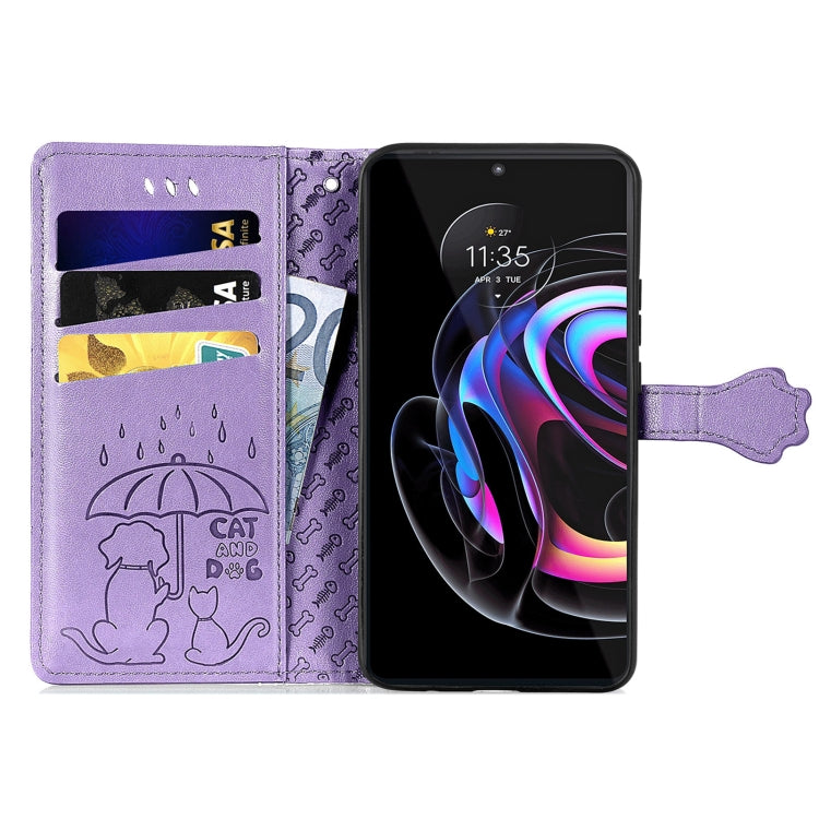 For Motorola Edge 20 Pro Lovely Cat and Dog Embossing Pattern Horizontal Flip Leather Case , with Holder & Card Slots & Wallet & Cartoon Clasp & Lanyard(Purple) - Motorola Cases by buy2fix | Online Shopping UK | buy2fix