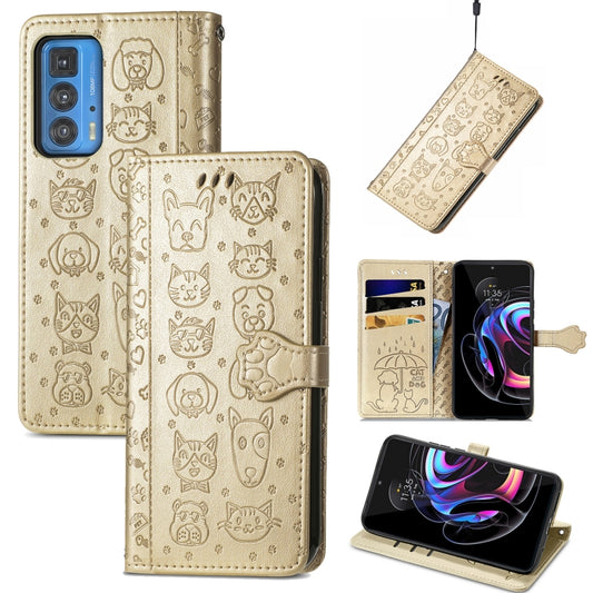 For Motorola Edge 20 Pro Lovely Cat and Dog Embossing Pattern Horizontal Flip Leather Case , with Holder & Card Slots & Wallet & Cartoon Clasp & Lanyard(Gold) - Motorola Cases by buy2fix | Online Shopping UK | buy2fix