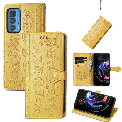 For Motorola Edge 20 Pro Lovely Cat and Dog Embossing Pattern Horizontal Flip Leather Case , with Holder & Card Slots & Wallet & Cartoon Clasp & Lanyard(Yellow) - Motorola Cases by buy2fix | Online Shopping UK | buy2fix