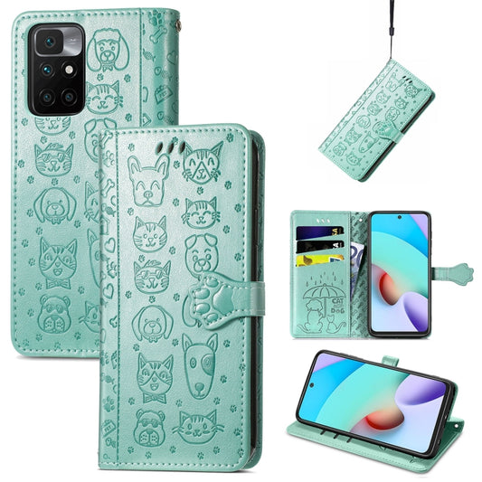 For Xiaomi Redmi 10 Lovely Cat and Dog Embossing Pattern Horizontal Flip Leather Case , with Holder & Card Slots & Wallet & Cartoon Clasp & Lanyard(Green) - Xiaomi Cases by buy2fix | Online Shopping UK | buy2fix