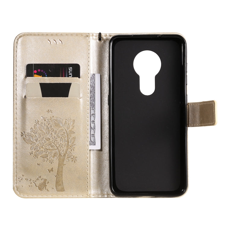 For Nokia 7.2 Tree & Cat Pattern Pressed Printing Horizontal Flip PU Leather Case with Holder & Card Slots & Wallet & Lanyard(Gold) - Nokia Cases by buy2fix | Online Shopping UK | buy2fix