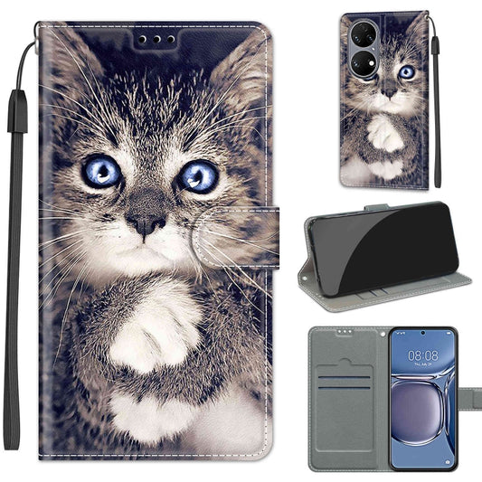 Voltage Coloured Drawing Magnetic Clasp Horizontal Flip PU Leather Case with Holder & Card Slots For Huawei P50(C02 Fork Hand White Claw Cat) - Huawei Cases by buy2fix | Online Shopping UK | buy2fix