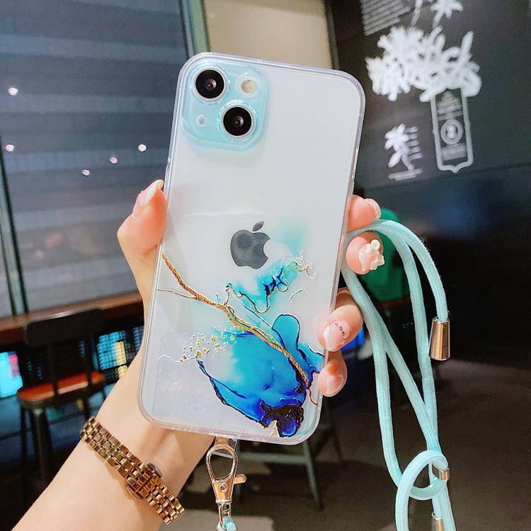 For iPhone 13 Hollow Marble Pattern TPU Precise Hole Protective Case with Neck Strap Rope(Blue) - iPhone 13 Cases by buy2fix | Online Shopping UK | buy2fix