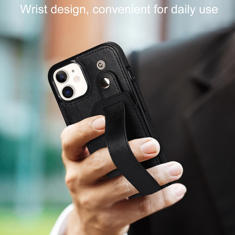 For iPhone 12 mini Crazy Horse Texture Shockproof TPU + PU Leather Case with Card Slot & Wrist Strap Holder (Black) - iPhone 12 mini Cases by buy2fix | Online Shopping UK | buy2fix