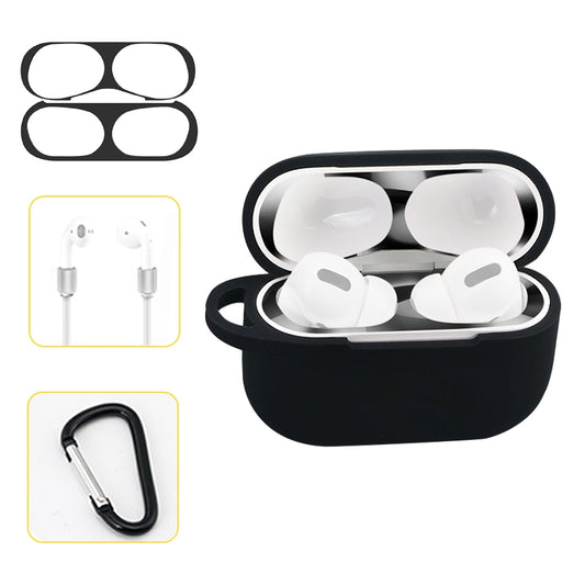 For AirPods Pro Silicone Wireless Earphone Protective Case Storage Box with Hook & Anti-drop Rope(Black+Black Inner Sticker) - For AirPods Pro by buy2fix | Online Shopping UK | buy2fix