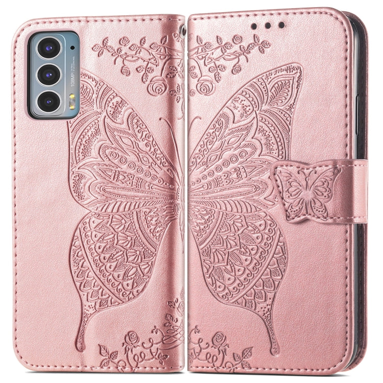 For Motorola Moto Edge 20 Butterfly Love Flower Embossed Horizontal Flip Leather Case with Holder & Card Slots & Wallet & Lanyard(Rose Gold) - Motorola Cases by buy2fix | Online Shopping UK | buy2fix