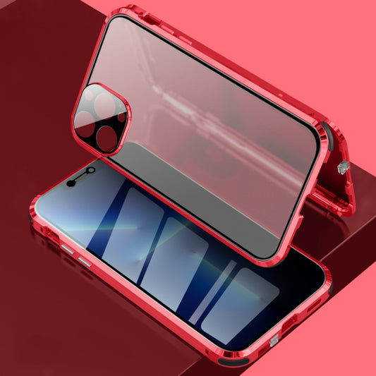 For iPhone 13 Pro Max Four-corner Shockproof Anti-peeping Magnetic Metal Frame Double-sided Tempered Glass Case (Red) - iPhone 13 Pro Max Cases by buy2fix | Online Shopping UK | buy2fix