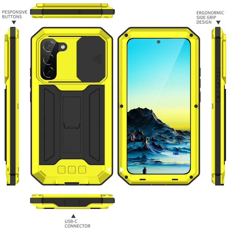 For Samsung Galaxy S22 5G R-JUST Sliding Camera Metal + Silicone Holder Phone Case(Yellow) - Galaxy S22 5G Cases by R-JUST | Online Shopping UK | buy2fix