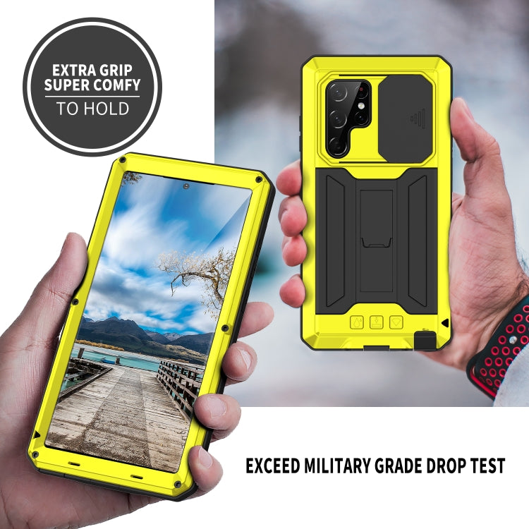 For Samsung Galaxy S22 Ultra 5G R-JUST Sliding Camera Metal + Silicone Holder Phone Case(Yellow) - Galaxy S22 Ultra 5G Cases by R-JUST | Online Shopping UK | buy2fix
