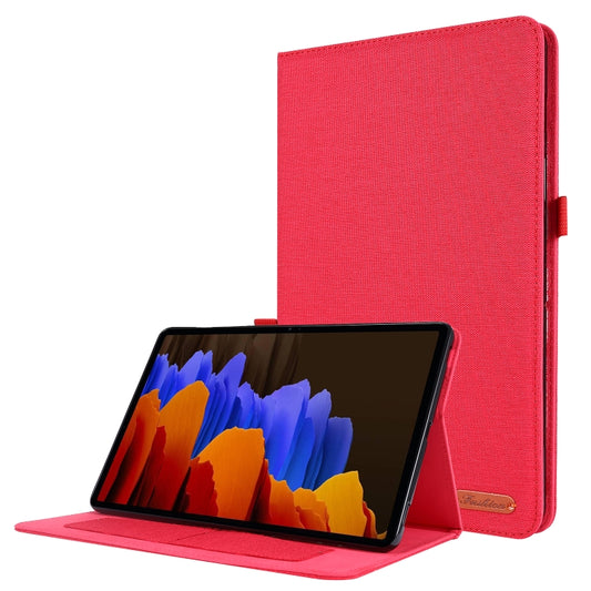 For Samsung Galaxy Tab S8 Ultra Horizontal Flip Fabric Leather Tablet Case with Card Slots & Holder(Red) - Galaxy Tab S8 Ultra Cases by buy2fix | Online Shopping UK | buy2fix