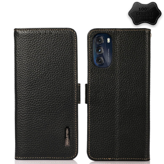 For Motorola Moto G 2022 5G KHAZNEH Side-Magnetic Litchi Genuine Leather RFID Phone Case(Black) - Motorola Cases by buy2fix | Online Shopping UK | buy2fix