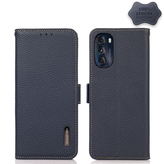 For Motorola Moto G 2022 5G KHAZNEH Side-Magnetic Litchi Genuine Leather RFID Phone Case(Blue) - Motorola Cases by buy2fix | Online Shopping UK | buy2fix