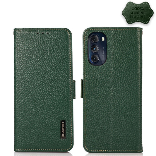 For Motorola Moto G 2022 5G KHAZNEH Side-Magnetic Litchi Genuine Leather RFID Phone Case(Green) - Motorola Cases by buy2fix | Online Shopping UK | buy2fix