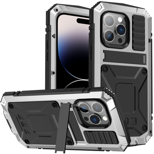 For iPhone 14 Pro R-JUST Shockproof Waterproof Dust-proof Case with Holder(Silver) - iPhone 14 Pro Cases by R-JUST | Online Shopping UK | buy2fix