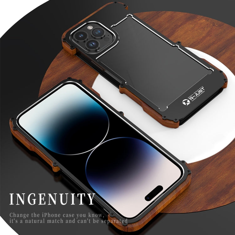 For iPhone 14 R-JUST Ironwood Generation Metal + Wood Phone Case - iPhone 14 Cases by R-JUST | Online Shopping UK | buy2fix