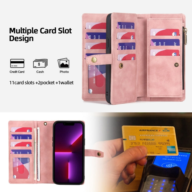 For iPhone 13 Pro Max Zipper Wallet Detachable MagSafe Leather Phone Case(Pink) - iPhone 13 Pro Max Cases by buy2fix | Online Shopping UK | buy2fix