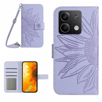 For Xiaomi Redmi Note 13 4G Global Skin Feel Sun Flower Embossed Flip Leather Phone Case with Lanyard(Purple) - Note 13 Cases by buy2fix | Online Shopping UK | buy2fix