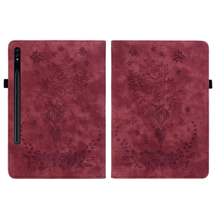 For Samsung Galaxy Tab S7 / S8 Butterfly Rose Embossed Leather Tablet Case(Red) - Galaxy Tab S8 Cases by buy2fix | Online Shopping UK | buy2fix