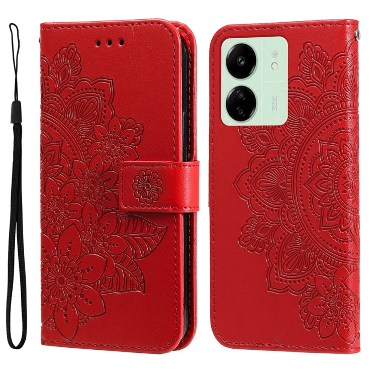 For Xiaomi Redmi 13C 4G 7-petal Flowers Embossing Leather Phone Case(Red) - 13C Cases by buy2fix | Online Shopping UK | buy2fix