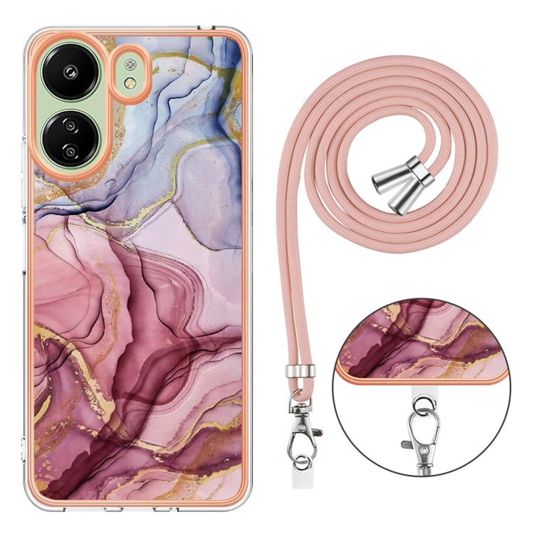 For Xiaomi Redmi 13C 4G Electroplating Marble Dual-side IMD Phone Case with Lanyard(Rose Red 014) - 13C Cases by buy2fix | Online Shopping UK | buy2fix