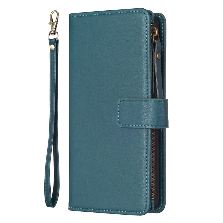 For iPhone 16 9 Card Slots Zipper Wallet Leather Flip Phone Case(Green) - iPhone 16 Cases by buy2fix | Online Shopping UK | buy2fix