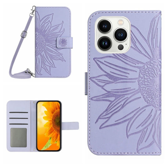 For iPhone 16 Pro Max Skin Feel Sun Flower Embossed Flip Leather Phone Case with Lanyard(Purple) - iPhone 16 Pro Max Cases by buy2fix | Online Shopping UK | buy2fix