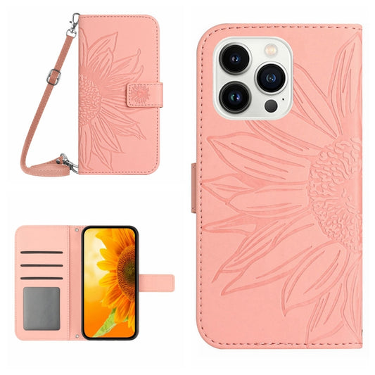 For iPhone 16 Pro Max Skin Feel Sun Flower Embossed Flip Leather Phone Case with Lanyard(Pink) - iPhone 16 Pro Max Cases by buy2fix | Online Shopping UK | buy2fix