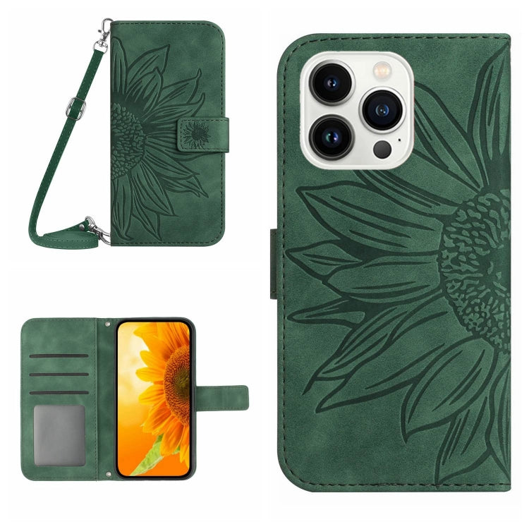 For iPhone 16 Pro Max Skin Feel Sun Flower Embossed Flip Leather Phone Case with Lanyard(Green) - iPhone 16 Pro Max Cases by buy2fix | Online Shopping UK | buy2fix