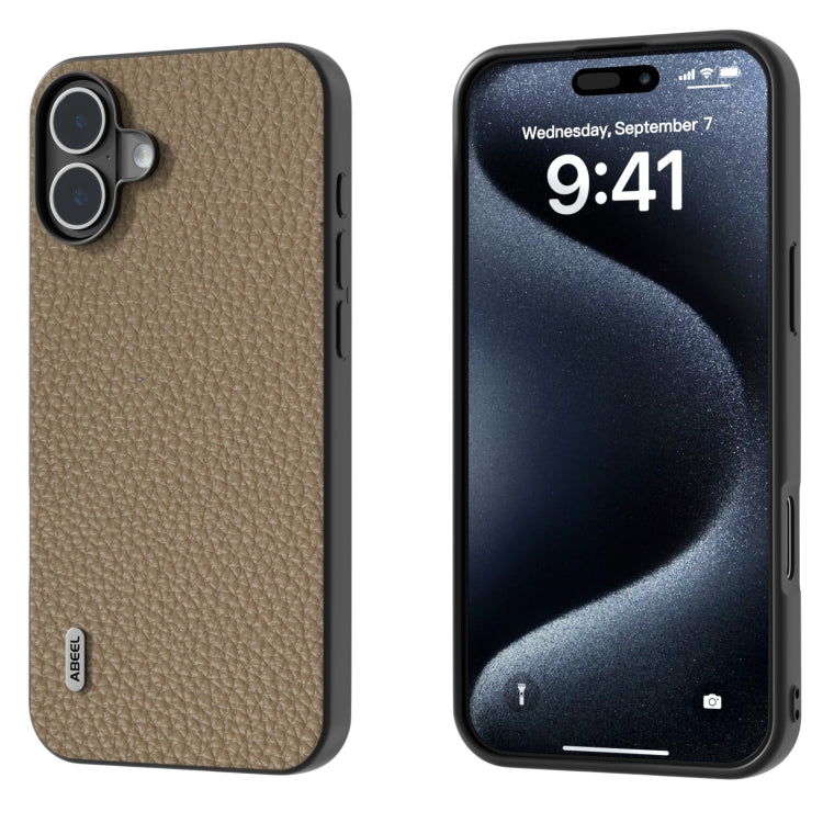 For iPhone 16 Plus ABEEL Genuine Leather Litchi Texture Phone Case(Grey) - iPhone 16 Plus Cases by buy2fix | Online Shopping UK | buy2fix