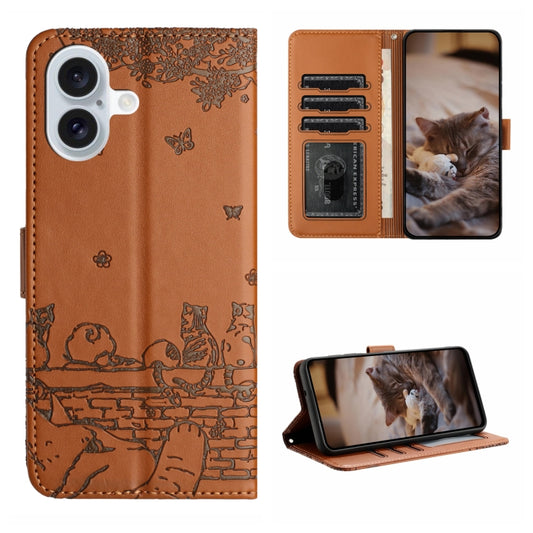 For iPhone 16 Plus Cat Embossing Pattern Leather Phone Case with Lanyard(Brown) - iPhone 16 Plus Cases by buy2fix | Online Shopping UK | buy2fix