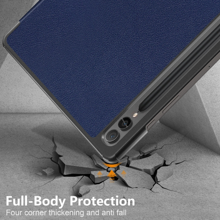 For Samsung Galaxy Tab S9+ Custer Pure Color 3-Fold Holder Smart Leather Tablet Case(Dark Blue) - Galaxy Tab S9+ Cases by buy2fix | Online Shopping UK | buy2fix