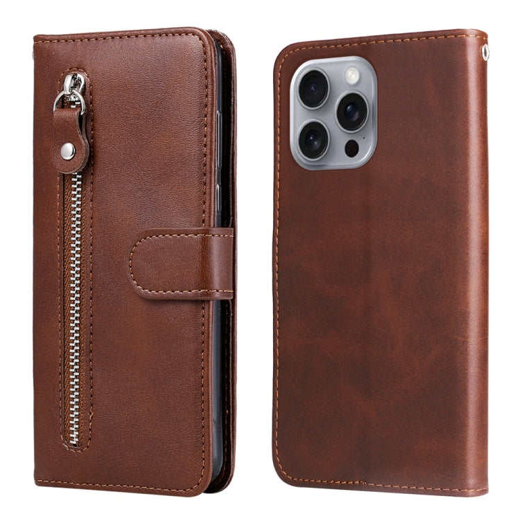 For iPhone 16 Pro Max Fashion Calf Texture Zipper Leather Phone Case(Brown) - iPhone 16 Pro Max Cases by buy2fix | Online Shopping UK | buy2fix