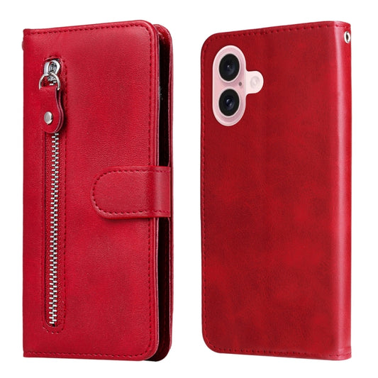 For iPhone 16 Fashion Calf Texture Zipper Leather Phone Case(Red) - iPhone 16 Cases by buy2fix | Online Shopping UK | buy2fix